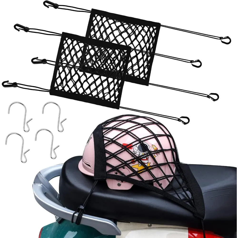 2PCS Motorcycle Helmet Bungee Cargo Net - 10.3"X15.4" Compact Size, High Elastic Double-Layer Thick Net with Adjustable Hooks for Bike Racks, Snowmobiles, Luggage Racks (Motorcycle Accessories)
