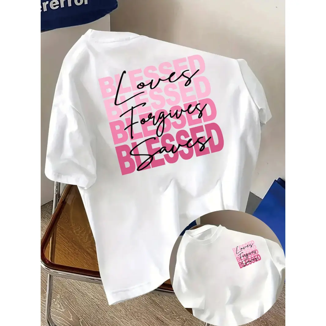 Womens Cotton Short Sleeve Graphic Tee Blessed Loves Forgives Saves Faith Inspirational Christian Shirt Soft Casual Summer Top For Church Weekend And Daily Wear
