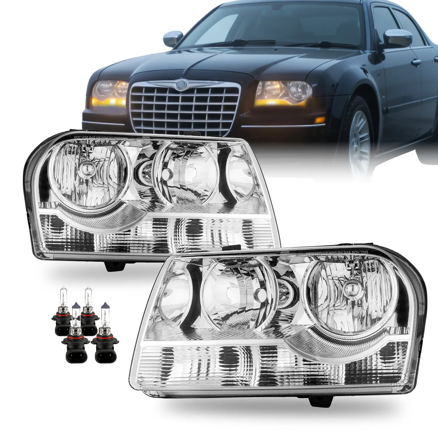 Headlights Assembly with Bulbs for 2005-2010 Chrysler 300 Trims Only 4-Dr Sedan Halogen Headlamp Pair Replacement