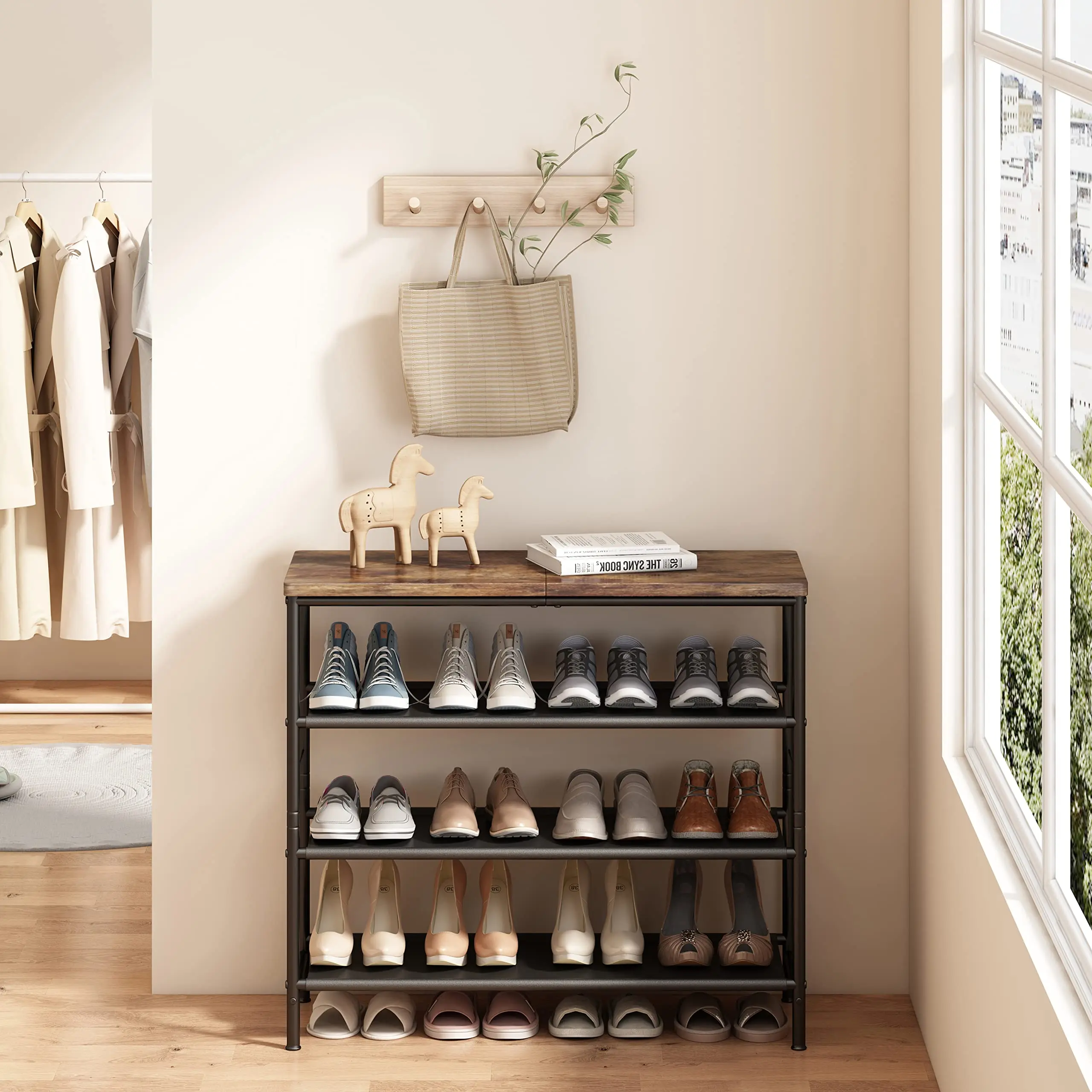 4-Tier Industrial Metal Shelf with MDF Boards & Layered Fabric, Ideal for Entryway, Closet, Bedroom, Living Room, & Garage Storage Deals For You Days