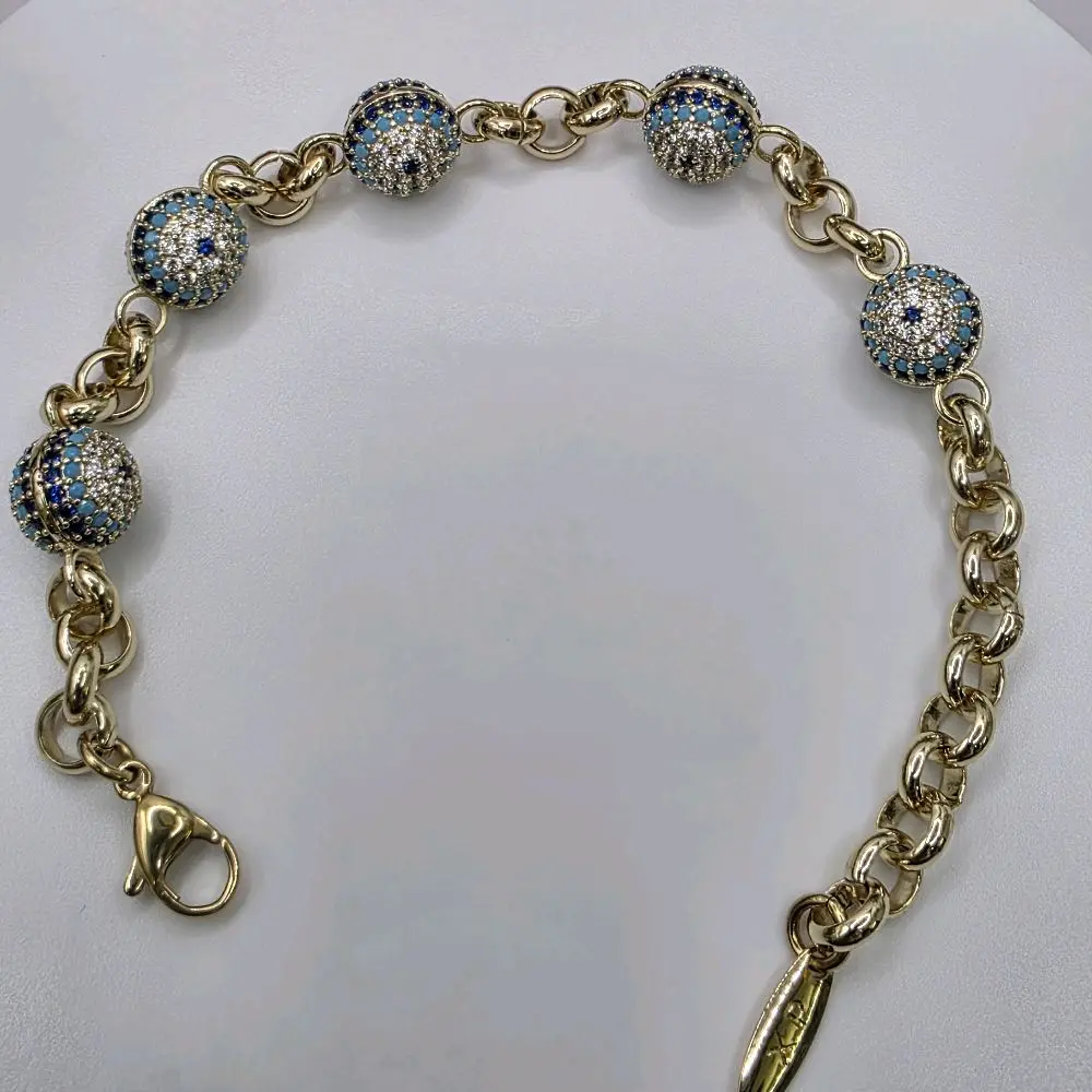 # 0324 14k Gold Plated High-Quality Roll Bracelet with 5 Blue Diamond Eyes, Protective Jewelry size #7
