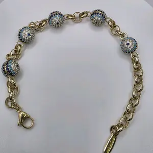 # 0324 14k Gold Plated High-Quality Roll Bracelet with 5 Blue Diamond Eyes, Protective Jewelry size #7