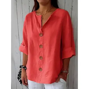Women's Pure Color Cotton Linen V-Neck Shirt, Medium Sleeve Loose Fit Top, Basic Casual Fashion Blouse for Daily Wear Womenswear