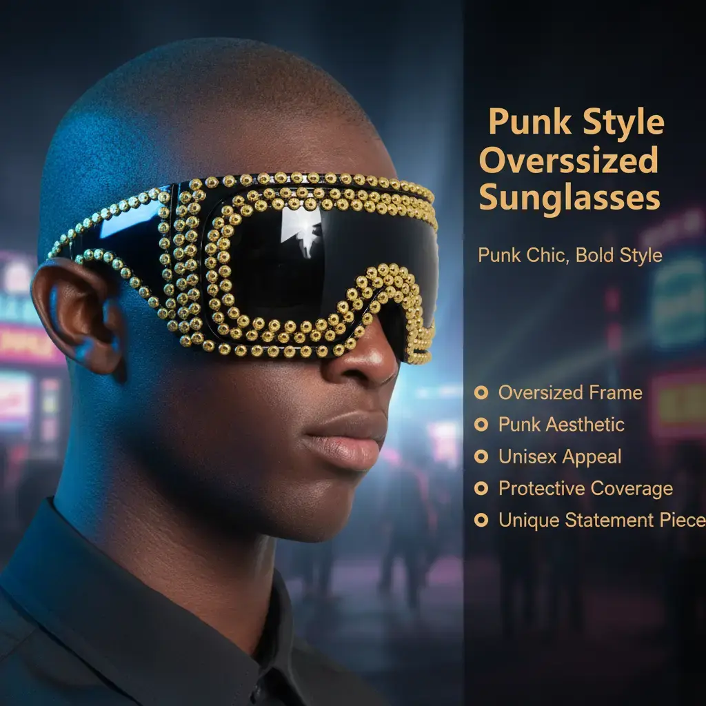 Punk Chic Studded 1-Piece Shield Sunglasses, Oversized Wrap-Around PC Frame for Festival Wear with UV400 Protection, Acetate Frame, One-Piece