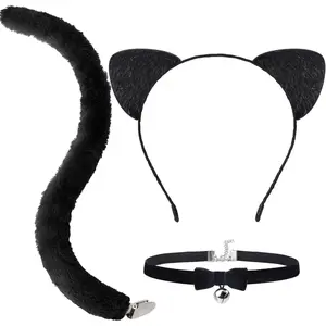 3 PCS Cat Ears Headband with Tail and Bell Choker,Cat Costumes Accessories for Adults Women Halloween Dress Up Party Set