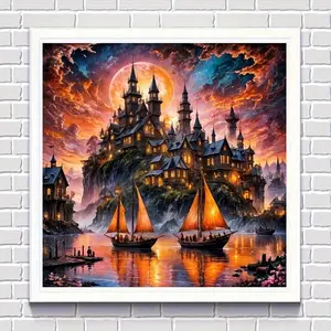 Enchanted Magic Medieval Castle 5D Full Drill Diamond Painting Kit - Fantasy Wizard Town Art with Glowing Blood Moon, Sailing Ships & Cosmic Sky, DIY Rhinestone Embroidery, Magical Home Decor & Perfect Art Lover Gift