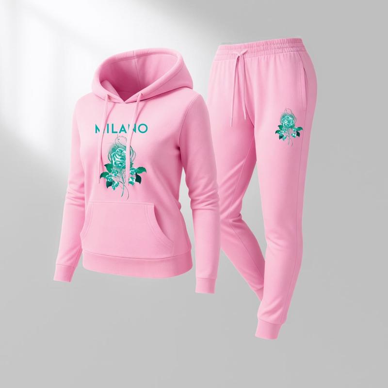 Women's Milano Flower Print Lips Print Hair And Sunglasses Hoodie And Drawstring Track Pants Set, Casual Sportswear, Long-Sleeved Hooded Jacket And Pants, Suitable For Autumn And Winter,  Indoor And Outdoor Sportswear, Casual Sportswear.