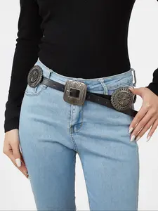 Women's Vintage, Fashionable Metal Decorated Belt for Jeans, Casual Round Buckles Waistband for Daily Use, Charms Western Belts