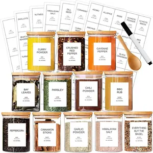 12 Pcs Glass Spice Jars with Bamboo Airtight Lids and 191 Labels - 8.5oz Small Food Storage Containers for Kitchen, Seasoning, Coffee, Herb - Spoon and Marker Included Utensils
