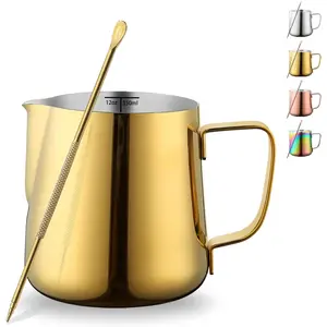 Milk Frothing Pitcher 12oz - 350ml, Stainless Steel Espresso Steaming Pitchers with Decorating Pen, Milk Coffee Frother Cups for Cappuccino Latte Art Barista, Milk Jug Cup (Gold)