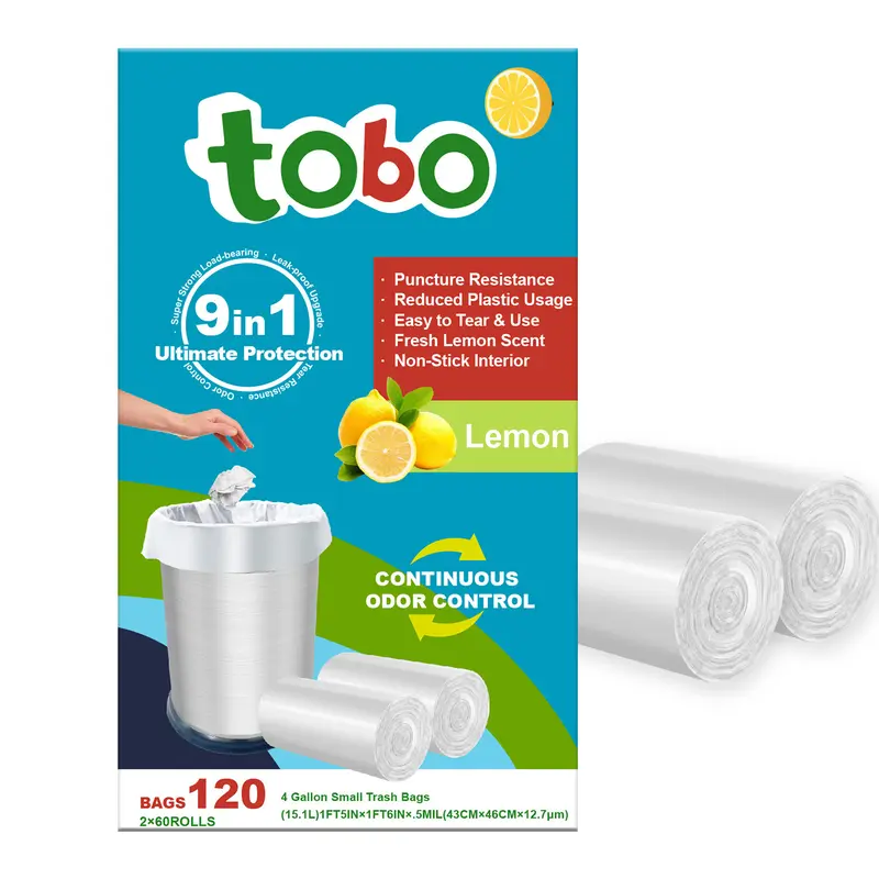 Tobo Smooth 4-Gallon Disposable Garbage Bags, OdorShield Lemon Scent, Leak-Tear Resistant EasyTear Design, Lightweight, Includes 2 Rolls (120 Count), Garbage Bags for Kitchen & Bathroom Use
