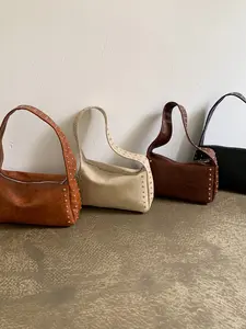 Solid color high-end style armpit bag, rivet decoration design, retro style texture popular shoulder bag, can accommodate mobile phones, lipstick, suitable for dates, parties, shopping, PU Leather Bag, Textured bag