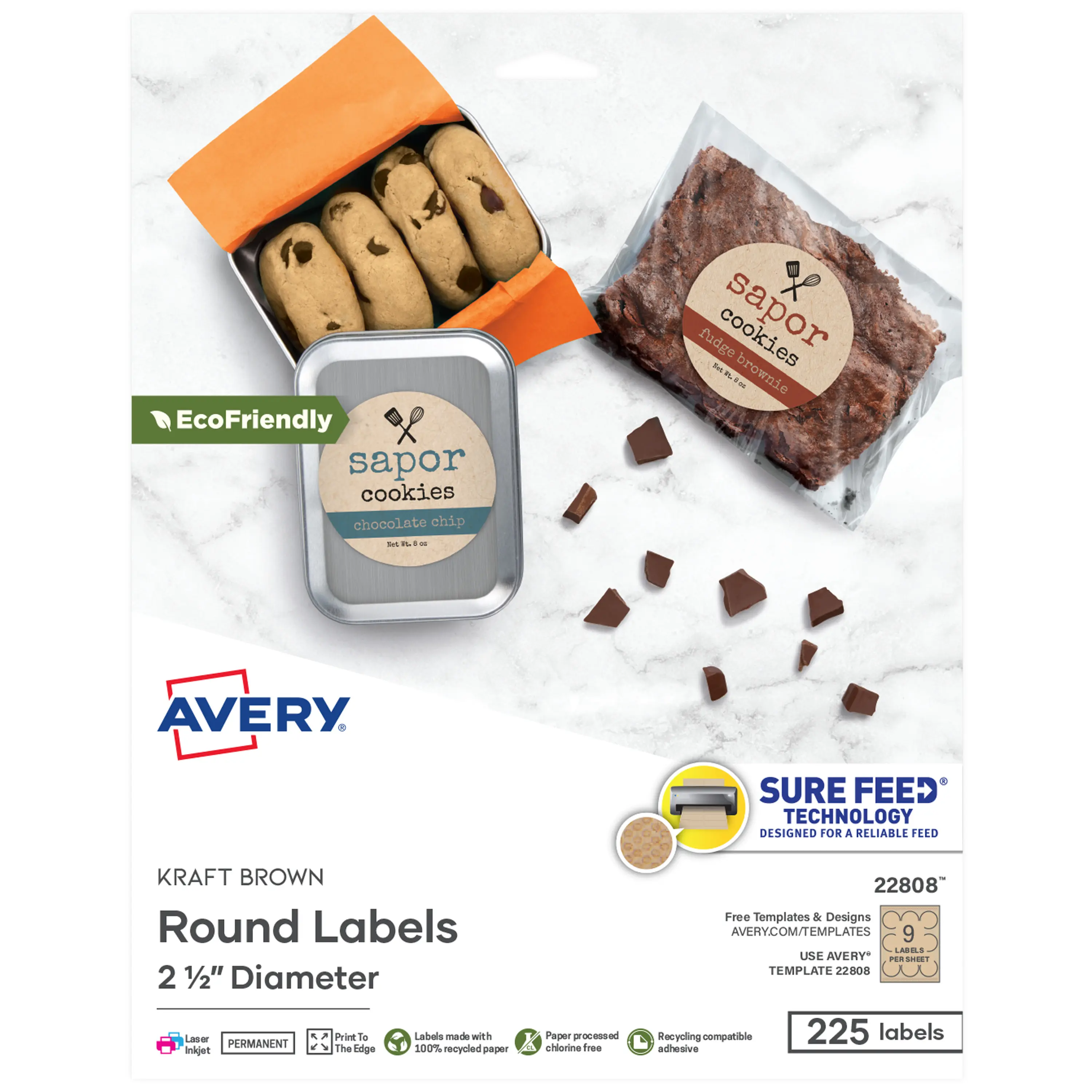 Avery Kraft Brown Round Labels with Sure Feed Technology, 2.5" Diameter, Print to the Edge, Laser/Inkjet Printable Labels, 225 Total (22808), Recycled Paper