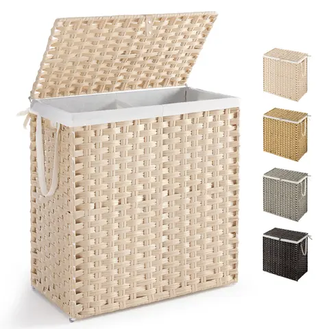 Sweetcrispy Classic Breathable Rattan Weave Laundry Organizer - 110L Rectangular Foldable Home Supplies Clothes Hamper with Dustproof Lid, Silicone Floor Guard, Washable Liner, Anti-Scratch Storage Basket for Bedroom Decor