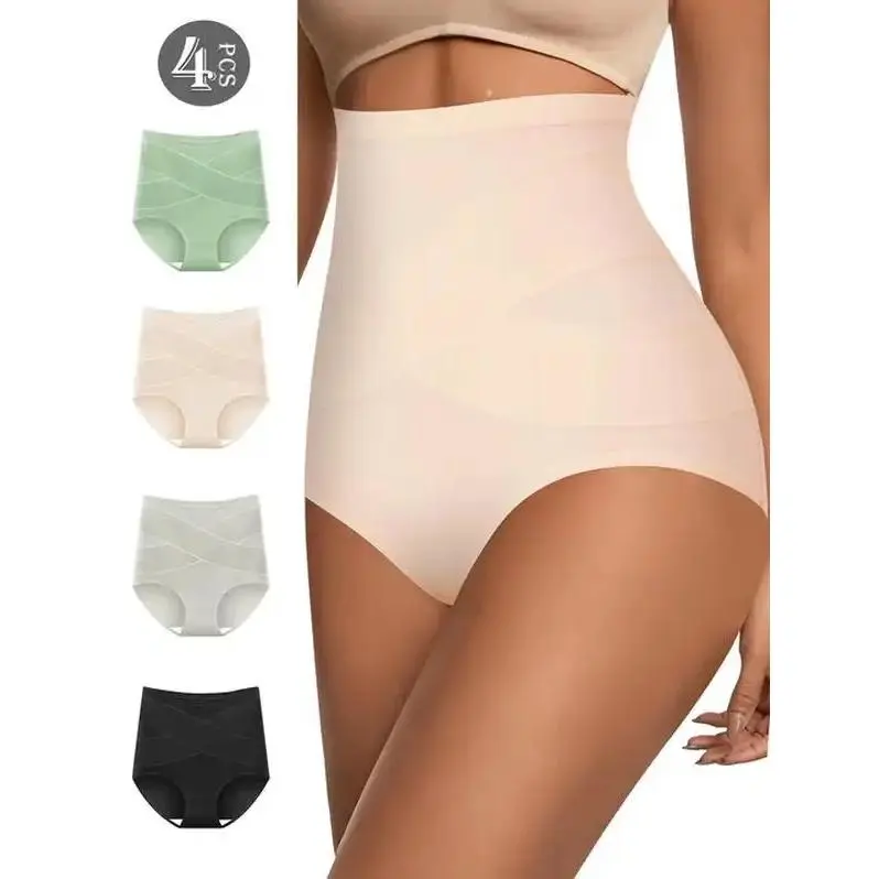 QUASTI 4-Pack High Waist Crossover Panties Tummy Control Seamless Soft Stretch Breathable Hip Lifting Full Coverage Shaping Underwear S-XXL