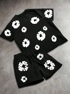 Men's Summer Loose Short Sleeve Round Neck T-Shirt & Shorts Matching Set, Gothic Floral Print, Casual Comfort, Street Style, Two-Piece, Menswear