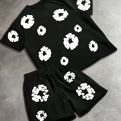 Men's Summer Loose Short Sleeve Round Neck T-Shirt and Shorts Matching Set, Gothic Floral Graphic Print, Casual Comfort Street Style Two-Piece Menswear
