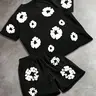 Men's Summer Loose Short Sleeve Round Neck T-Shirt and Shorts Matching Set, Gothic Floral Graphic Print, Casual Comfort Street Style Two-Piece Menswear