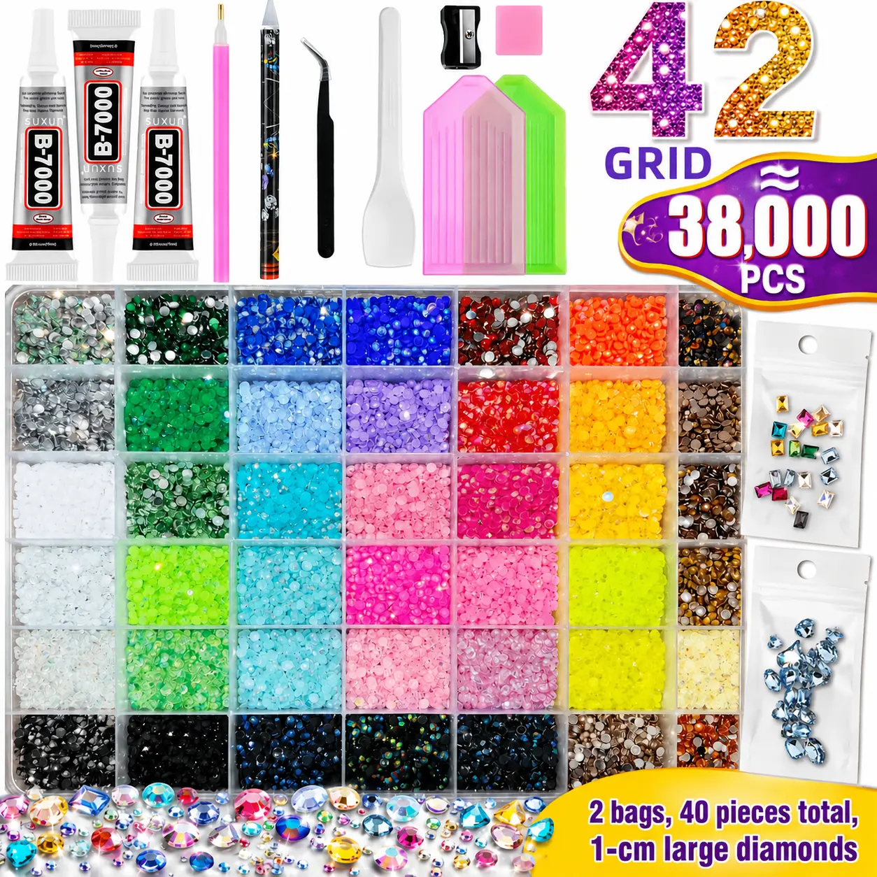 Resin Flatback Rhinestone Craft Set, 38,000 Mixed Size Gems with 42-Grid Organizer, Large Accent Pieces, Pickup Tools, Silicone Work Mats for DIY Decorating