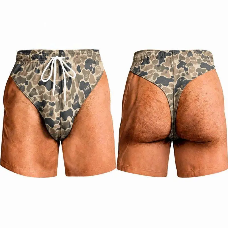 Men’s Funny Camo Butt Print Swim Trunks, Novelty Drawstring Beach Shorts, Gag Gift for Him