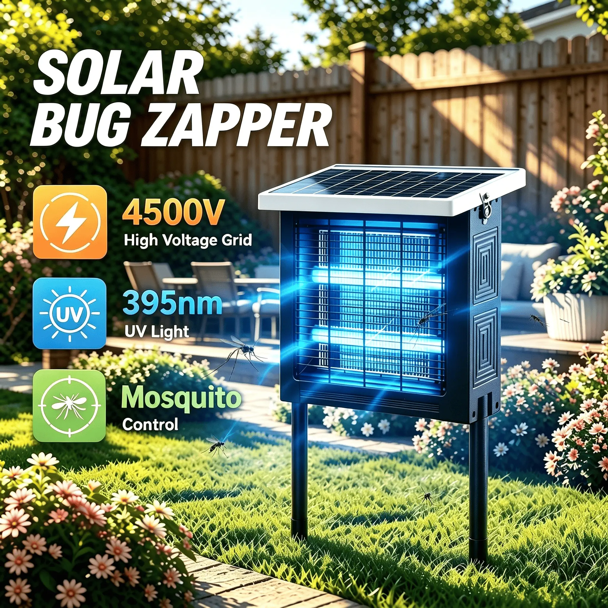Solar Bug Zapper, High Voltage Portable Rechargeable Mosquito & Fly Trapper, Powerful Large Cordless Solar Fly Zapper, IP56 Waterproof Metal Shell with 2 Modes,Covers 2000Sq.ft for Patio, Garden, Backyard, RV Camping, Pond Outdoor Home Pest Control