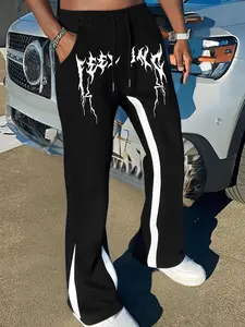 Men's Fitted Knit Ripped Print Drawstring Waist Flare Pants, Casual Street Fashion with Pockets, Y2K Style Fall Winter Trousers