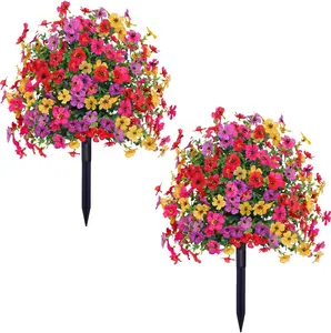 Set of 2 Artificial Violet Flower Topiary Ball Trees with Ground Spikes 23.6" Faux Boxwood Shrubs UV Resistant Fake Bushes for Garden Yard Porch and Patio Decor