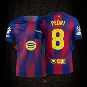 8# Pedri 25 26 Home Short Sleeve Soccer Jersey Fans Version Red Blue