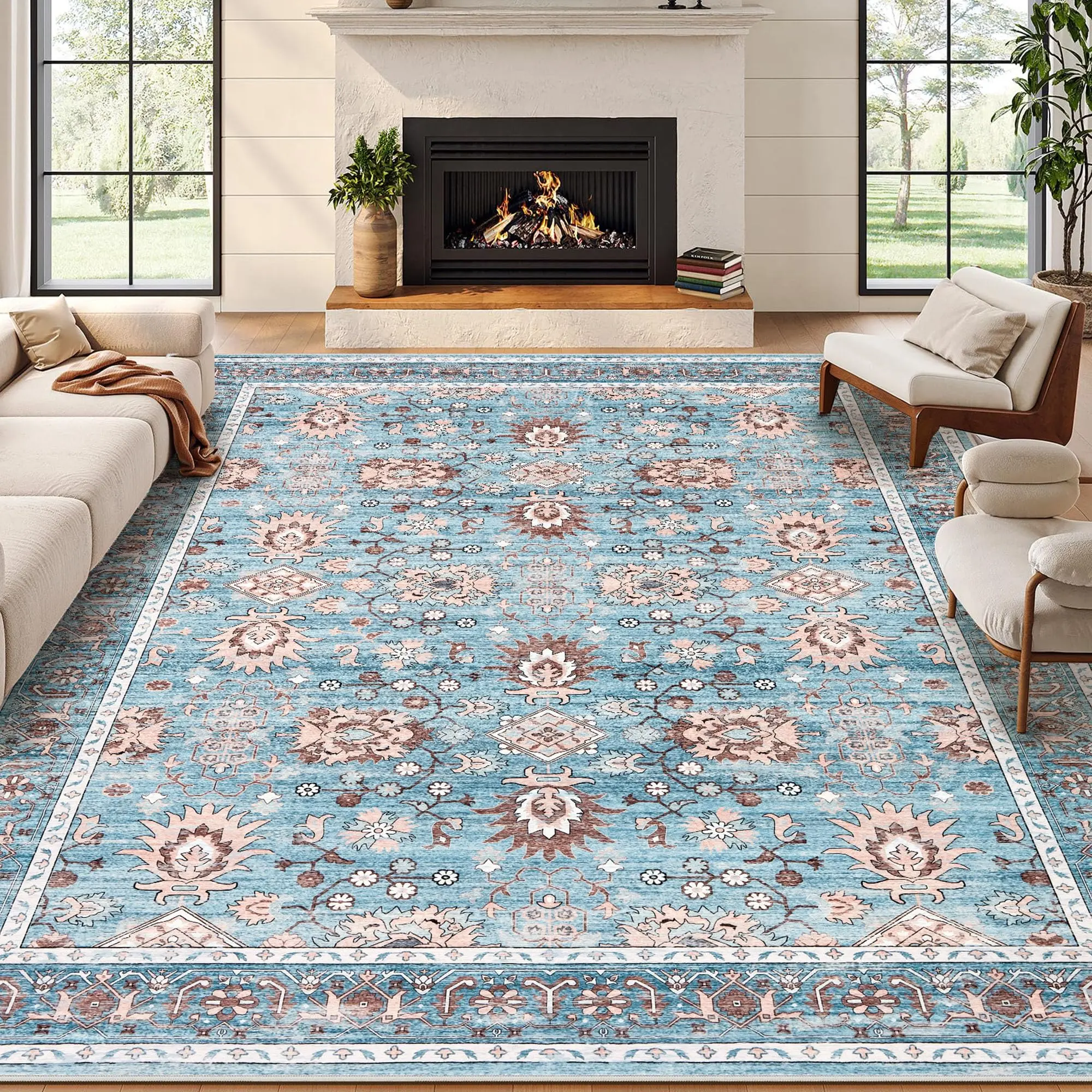 Area Rug for Living Room, Washable Boho Large Rug, Vintage Non Slip Low Pile Carpet for Bedroom, Dining Room, Blue