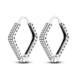 NARMO Geometric Double Row Diamond Shape Earrings for Women Girls, S925 Silver Plated CZ Sparkle Hoop - Elegant Gift for Birthday, Christmas, Anniversary