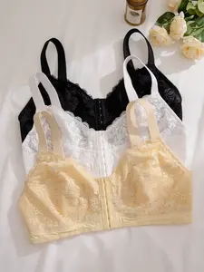 3-Pack Plus Size Wireless Bra, Front Buckle Design, Lace and Mesh Patchwork, Adjustable Wide Straps, Casual Style, Full Coverage