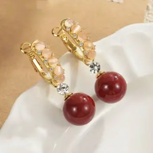 Red pearl zircon earrings for women, niche fashion, versatile, unique design, festive earrings