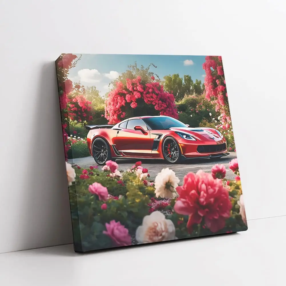 Chevrolet Corvette Z06 Red In Flowers Cars Wall Art Bedroom Posters Framed Vehicle