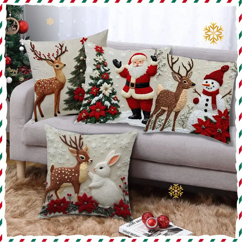 4-Piece Short Plush Throw Pillow Set - Santa-Claus, Reindeer, Bunny Animal Designs - Indoor Christmas Home & Party Decor Supplies