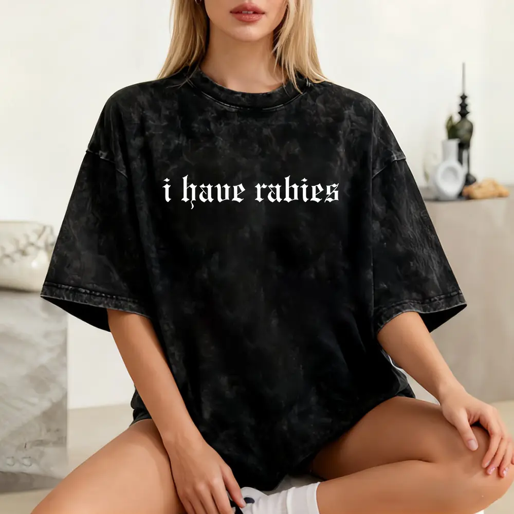 "I Have Rabies" Funny Women's Vintage Washed Gothic Tee,  Oversized Short Sleeve T-Shirt, Retro Edgy Dark Aesthetic Top for Daily Wear & Street Style