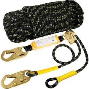 Rope Harness Safety Lanyard 25ft Vertical Roofing Rope With Grab Snap Hooks Shock Absorber - Fall Protection Tree Climbing Line Kit Heavy Duty Roof Safety Equipment ANSI CE Carabiner For Leash