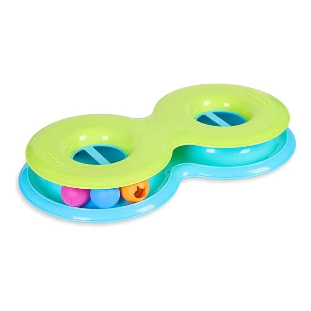 Infinity Ball Track for Cats with Two Balls, Including One Light-Up Ball, Figure-8 Shaped Cat Ball Track Compatible Topper Toys, Green
