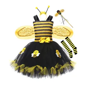 YSHWHWTS Halloween Bee Costume For Girls Sleeveless Tulle Dress Leg Warmers Wand Wing Headband Sets Cosplay Party Accessories
