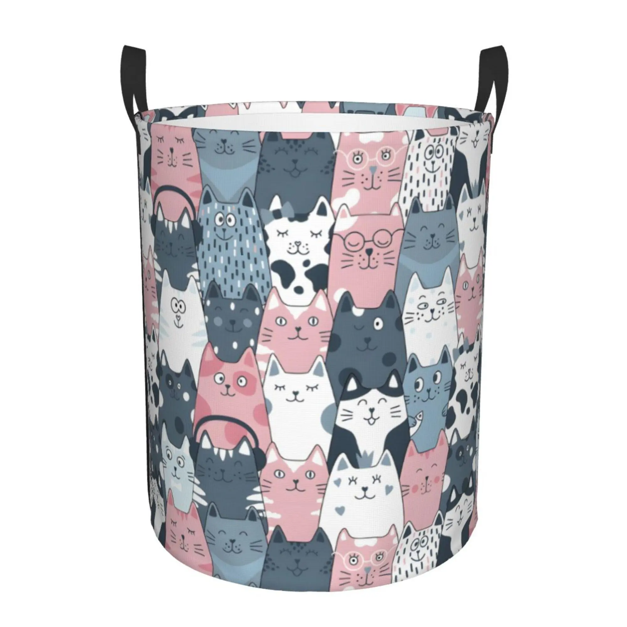 Foldable Colorful Cat Laundry Basket - Cute Animal Tote Hamper with Handles, 19.6x15.7" Oxford Cloth Storage Bin for Toys/Bathroom/Bedroom