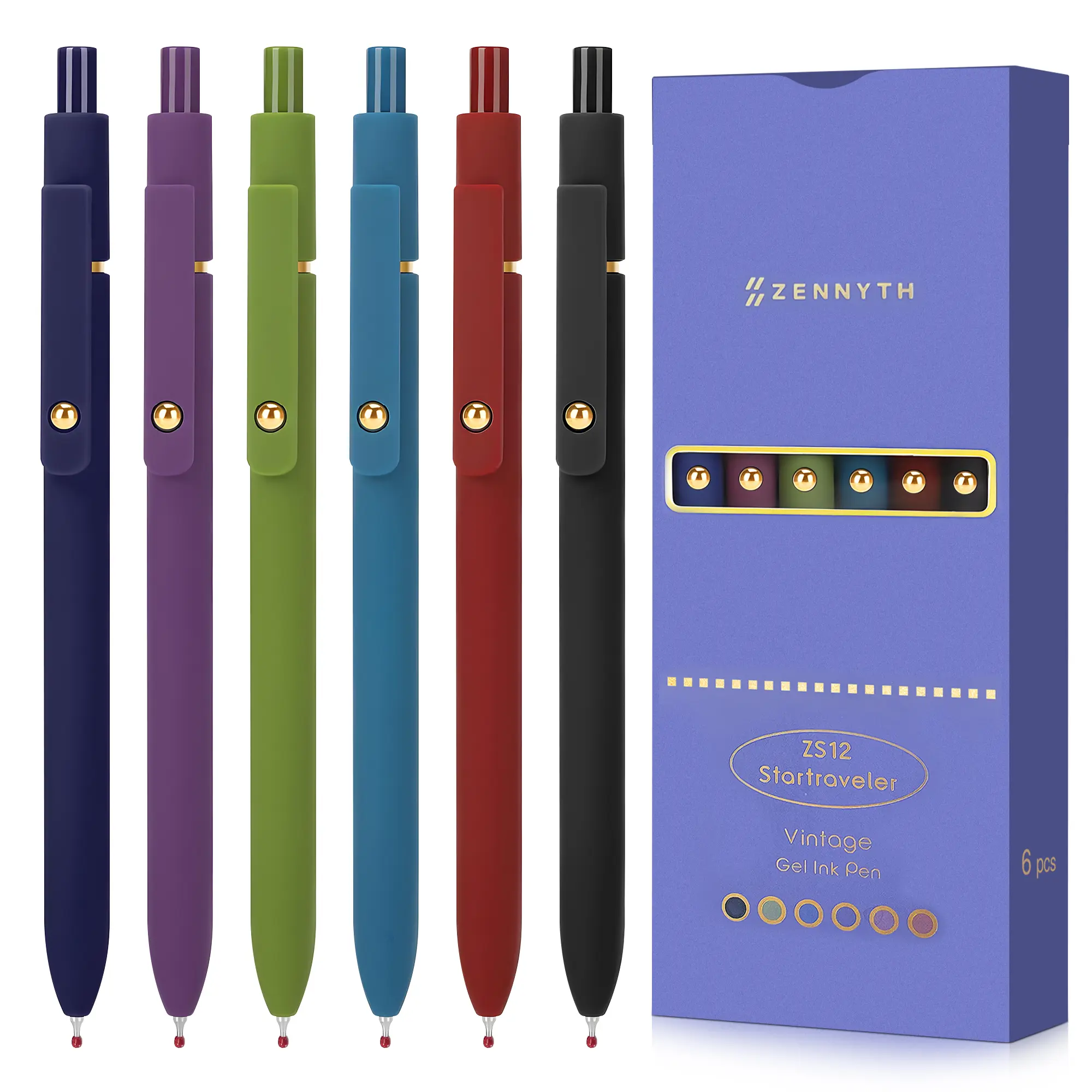 6 Pcs Vintage Gel Ink Pen Sets，Multicolor Color Press Type Quick Drying Carbon Gel Pen,Rainbow Hand Writing Practice Pens ,Set For Students Nurse ,Office School,Hospital,Gift
