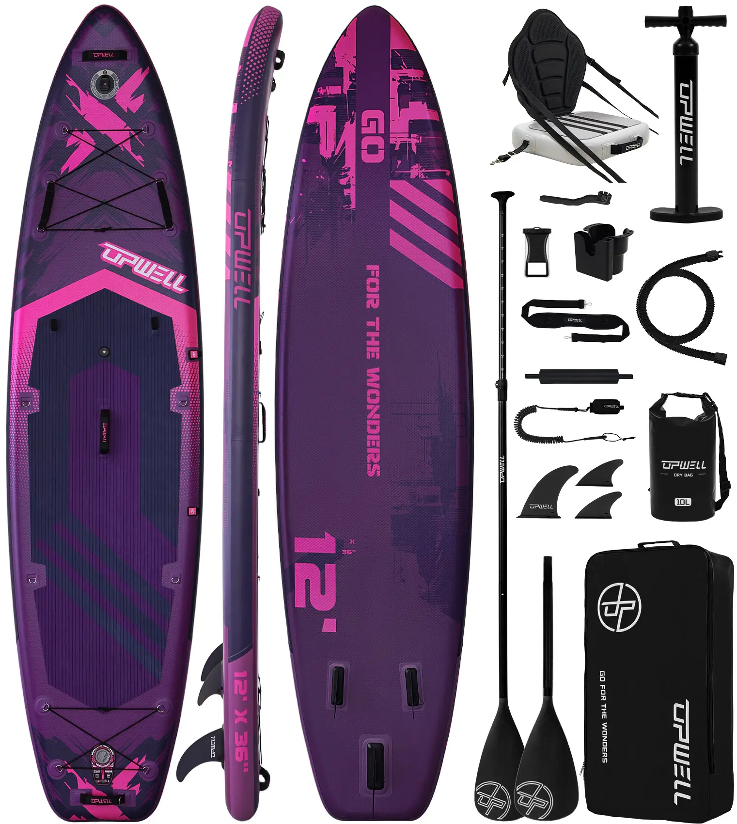 UPWELL 12'×36" Extra Wide Stand Up Paddle Board, 2+1 SUP Board for Adults & Teens, Inflatable SUP Board with Premium Accessories, 125L Backpack, Paddle, Leash, Hand Pump, Fins