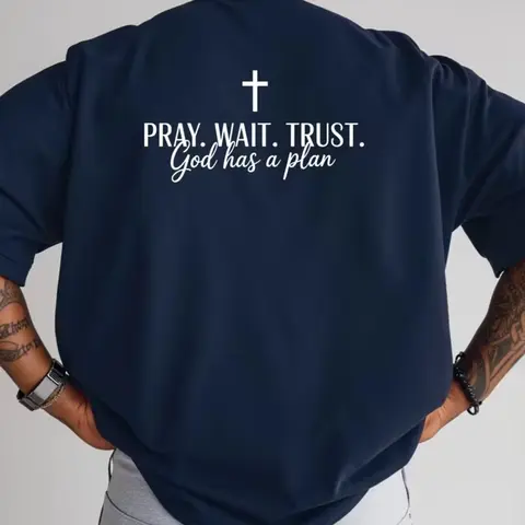 Men's Blue Praying & Waiting God Has Plans Print Long T-Shirt Tops, Menswear, Loose Fit Baggy Casual Streetwear Christian Church Wear, Faith Based Tee, Soft Breathable Material, Clothes