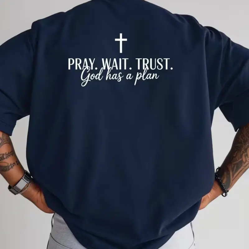 Men's Blue Praying & Waiting God Has Plans Print Long T-Shirt Tops, Menswear, Loose Fit Baggy Casual Streetwear Christian Church Wear, Faith Based Tee, Soft Breathable Material, Clothes
