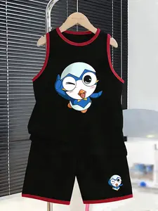 Summer Boys' Sports Set, Penguin Cartoon Character Pattern, Cute Casual, Sleeveless Vest & Short Pants Two-Piece, Comfortable Breathable