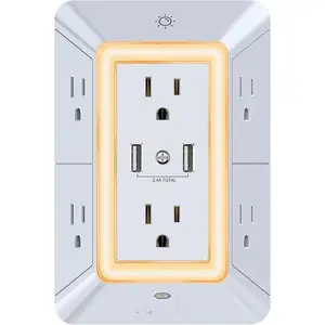 Outlet Extender USB Wall Charger - 6 AC Surge Protector Outlets with 3 USB Ports (1 USB C) and Night Light, 3-Sided Multi Plug Wall Outlet Power Strip with Spaced Outlets, ETL Listed, White