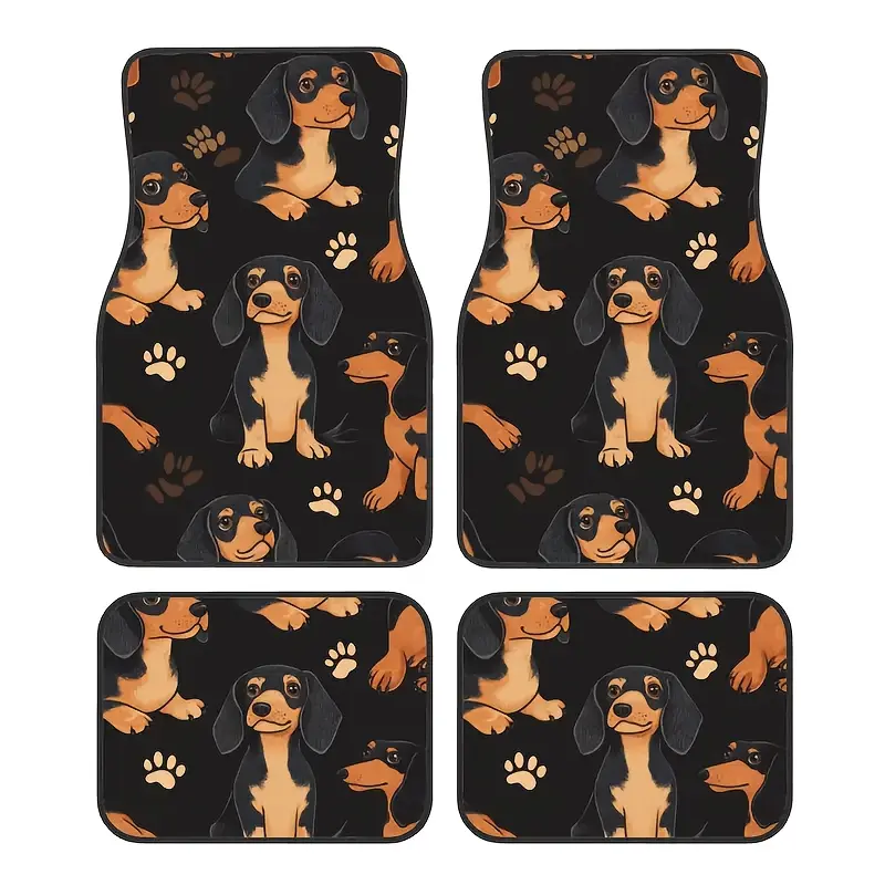 4pcs Dachshund Car Floor Mats with Playful Puppy & Paw Print Design - Car Mats Set - Non-Slip All-Weather Polyester Mats for Cars, Trucks, SUVs - Easy Clean Fit Auto Accessories, Ideal Gift for Pet Lovers, Dachshund Car Accessories, Easyclean Material