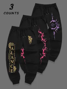 3-Pack American Dark Thorn Balance Letter Print Sweatpants, Men's Drawstring Cargo Pants, Streetwear Style, All-Season Sporty Look
