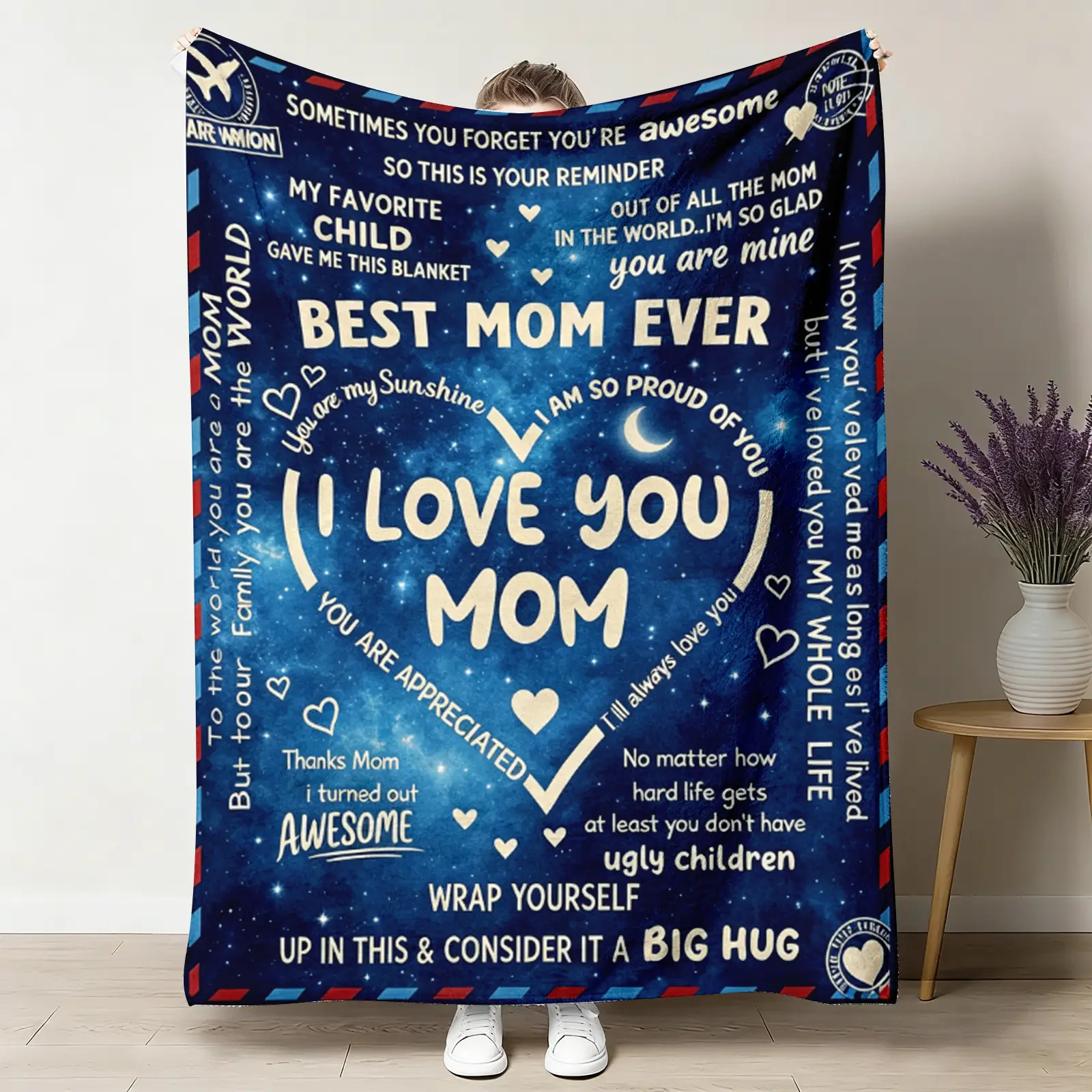 Letter To Mom Printed Stars Flannel Throw Blanket, 1-Piece Wrinkle-Resistant Multi-Size (50x60in Option) Soft Texture Warm Home Sofa Bed Gift for Mom