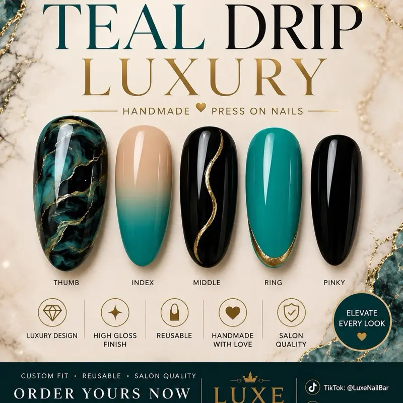 Luxe Nail Bar Teal Drip Luxury Handmade Press On Nails Custom Fit Reusable High Gloss Finish Salon Quality