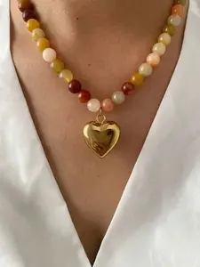 Women's Fashion Natural Stone Multicolor Beaded Titanium Steel Heart Pendant Necklace, Unique Design Party Vacation Jewelry, Heart Shaped Necklace